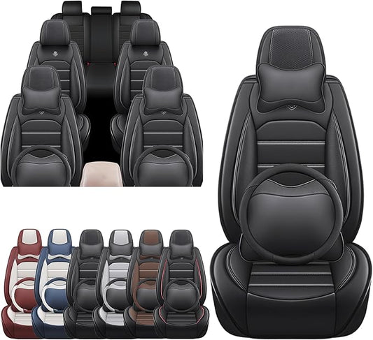 JOJ Car Seat Cover Fit for Toyota Highlander 2001-2025,7 Seat Car Seat Cover,No-Slip Waterproof Breathable Faux Leather,Full Set with Pillow Steering Wheel Covers,Black