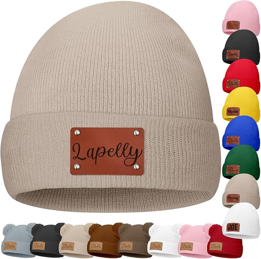 Custom Baby Beanies Personalized Toddler Winter Hats Name Leather Patch Kids Knit Warm Hat for Infant Boys Girls Adult