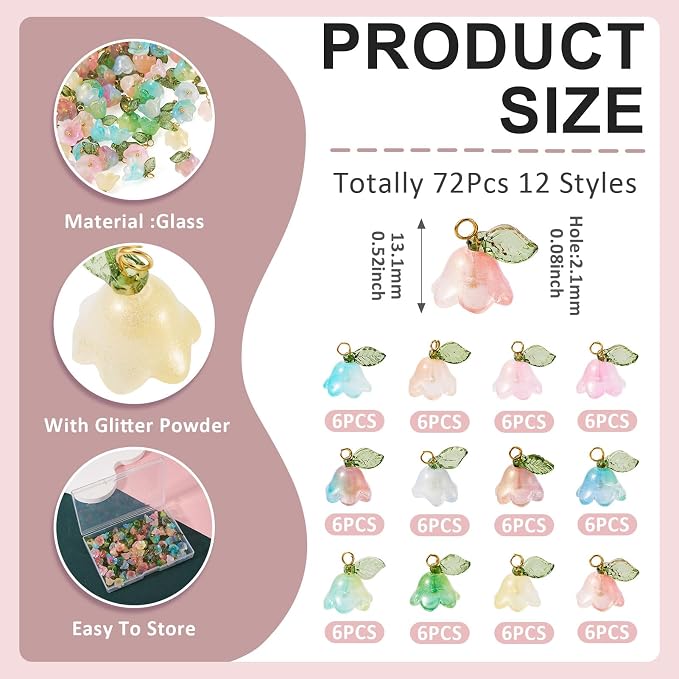 FASHEWELRY 72Pcs Mixed Color Glass Flower Charms 13mm Colorful Blossoming - Image 6