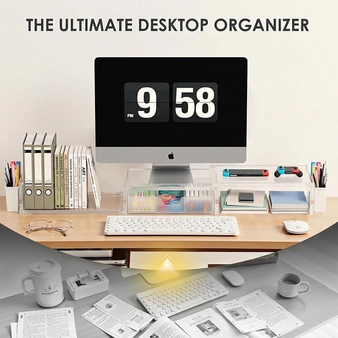 OPNICE Clear Acrylic Desk Organizers and Accessories, Dual Monitor Stand Riser - Image 3