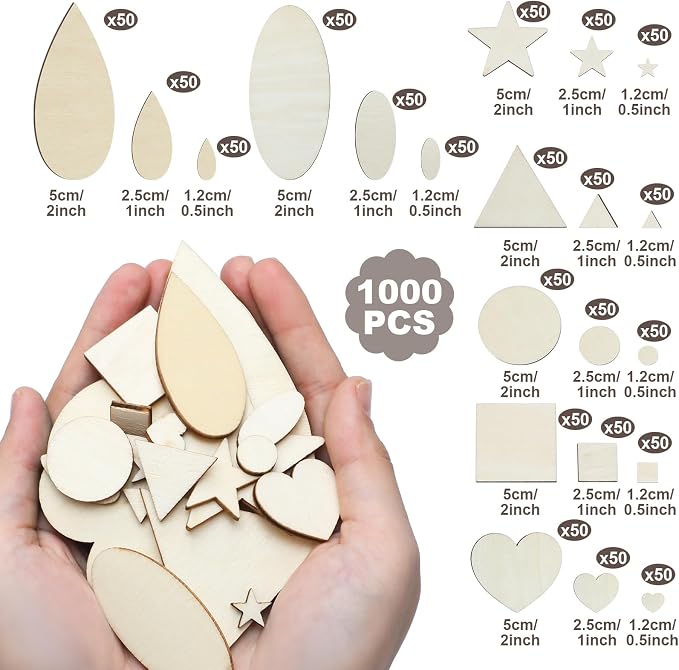 Gerrii 1000 Pcs Natural Wood Shapes Assortment Blank Wooden Craft Shapes Bulk - Image 2