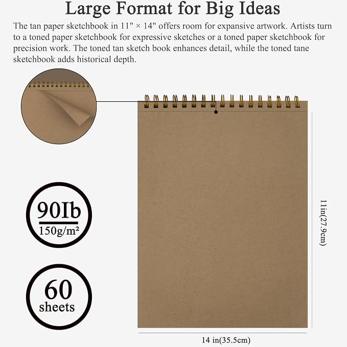 Fuxi Toned Tan Sketchbook 11x14 Inch, 60 Sheets, Spiral Bound - Image 2