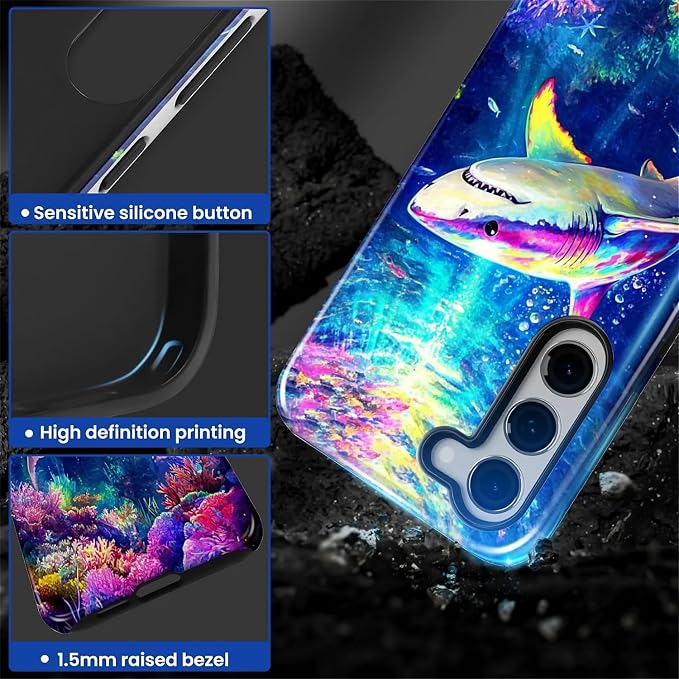 for Samsung Galaxy S23 Case, Colorful Ocean Sharks Pattern Glossy 2 in 1 - Image 4