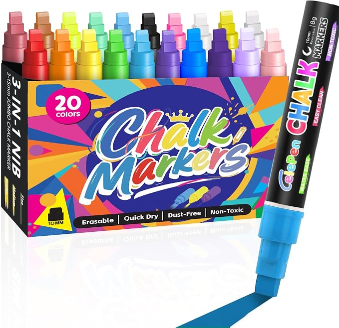Window Chalk Markers for Cars Glass Washable, 20 Colors Jumbo Liquid Chalk by Celepen