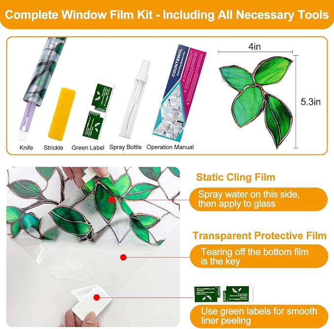 Countewol Greenery Leaf Static Cling Window Film Frosted Stained Glass Privacy - Image 2