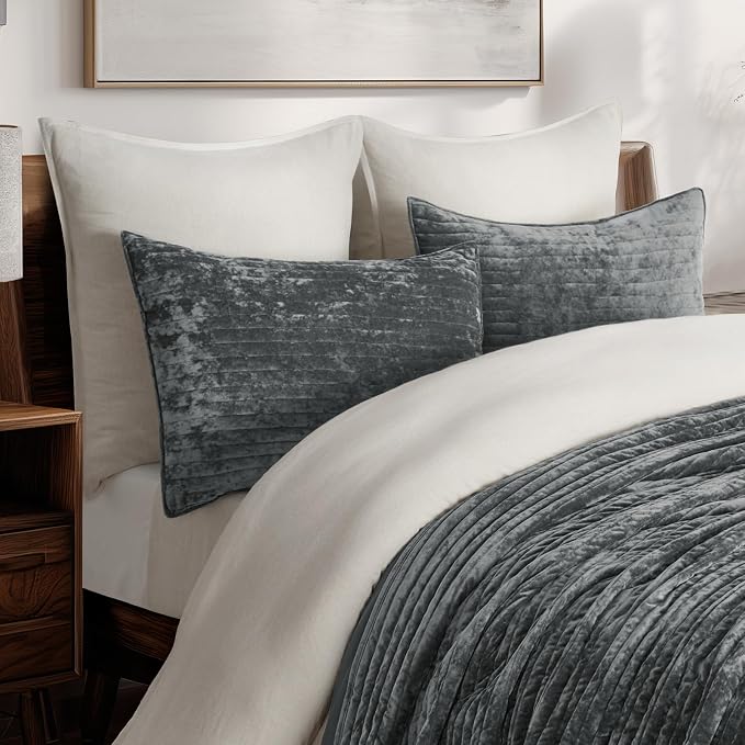 EVERGRACE Velvet Quilt Set Queen Size, Luxurious Soft Striped Channel Bedding - Image 4