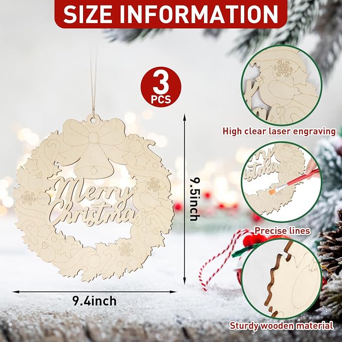 Paintable Christmas Ornaments 3 Sets, Wooden Ornaments to Paint, Unfinished - Image 2