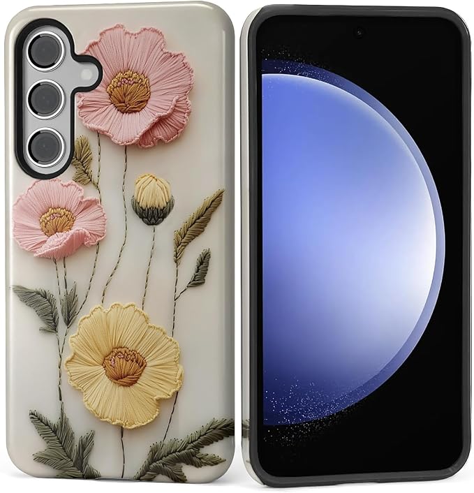 Case for Samsung Galaxy S24 FE Case, Faux Embroidery Boho Floral Design Hybrid by Kapadiy