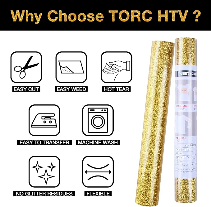 TORC Gold Glitter HTV Heat Transfer Vinyl 2 Rolls Iron on Vinyl - Image 3