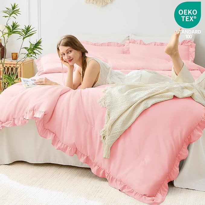 FUANNA Full Size Comforter Sets Pink, 3 Pieces Ruffle Full Size Bedding Sets - Image 3