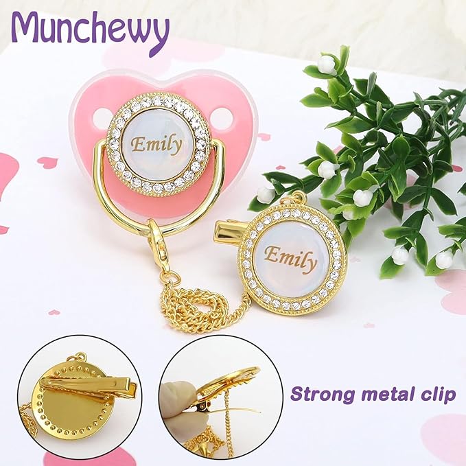 Customized Pacifier with Name, Bling Personalized Pacifier Clip Set with Gift Box, Luxury Crystal Bling Soother Dummy Ideal Gift for Newborn Girls Baby Shower Photography(Bling Red)