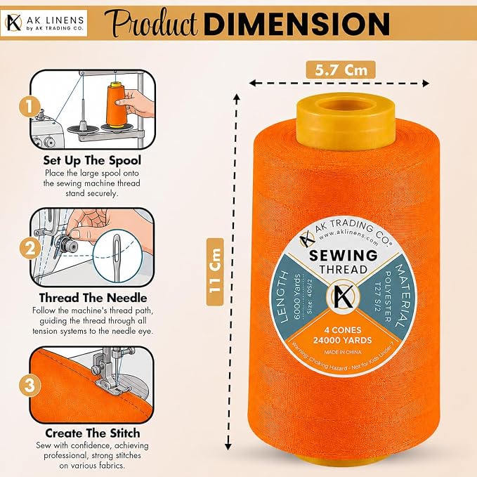 AK TRADING CO. 4-Pack Orange All Purpose Sewing Thread Cones of High Tensile - Image 2