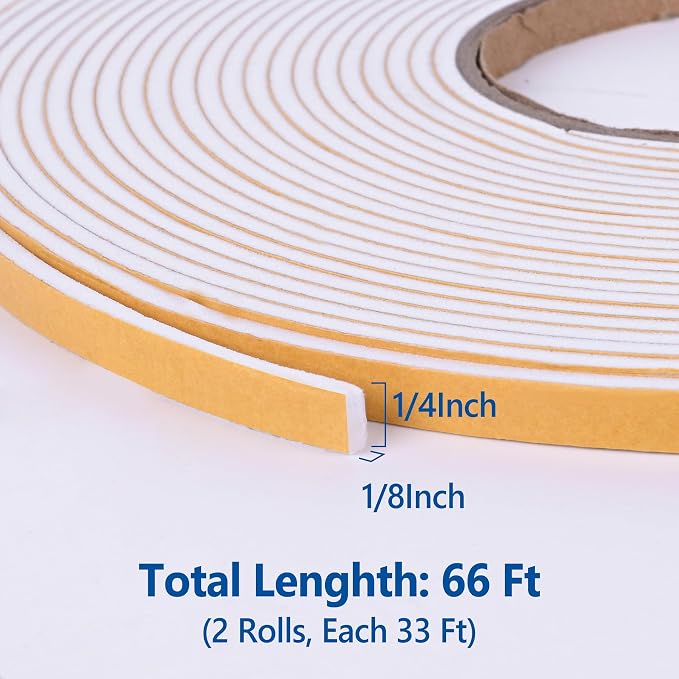 Kikerike Self Adhesive Foam Tape Weatherstrip 1/4in x 1/8in x 66Ft High Density - Image 2
