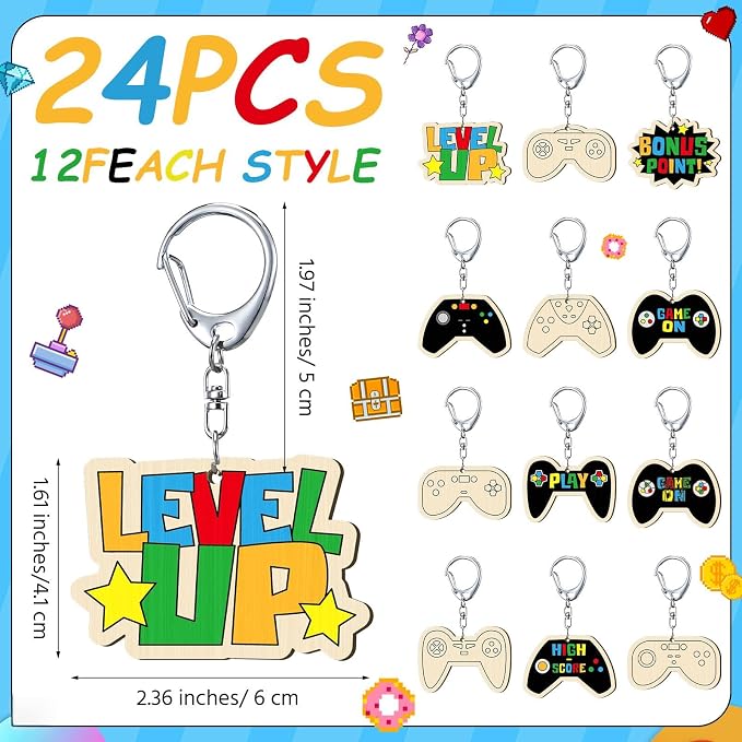 RattanView 24 Pcs Video Game Craft Color Your Own Keychains DIY Craft Wooden - Image 2