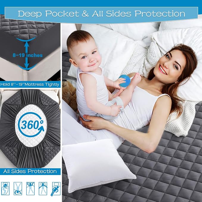 GRT Full Size Grey Quilted Fitted Mattress Pad, 100% Waterproof Breathable - Image 4