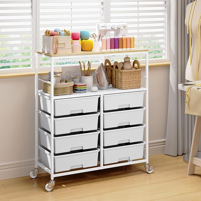 Rolling cart with 8 drawers, Storage drawer cart with wooden tabletop, Lockable - Image 2