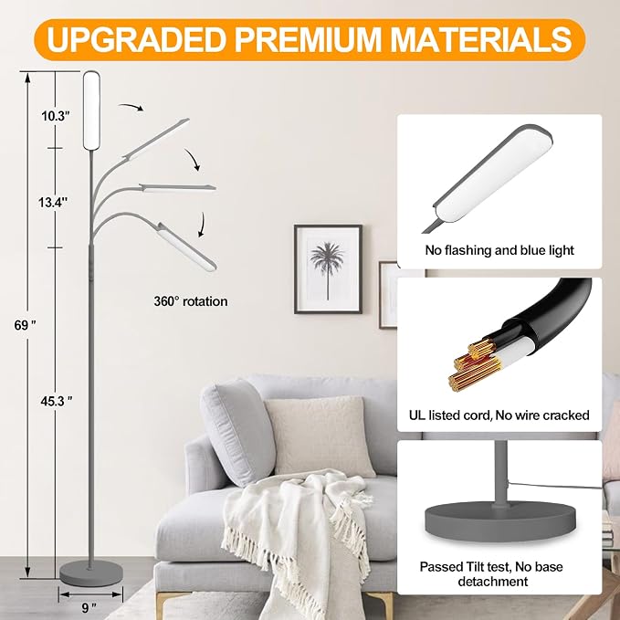 marctronic Grey LED Floor Lamp, 18W 1800LM Bright Floor Lamps - Image 5
