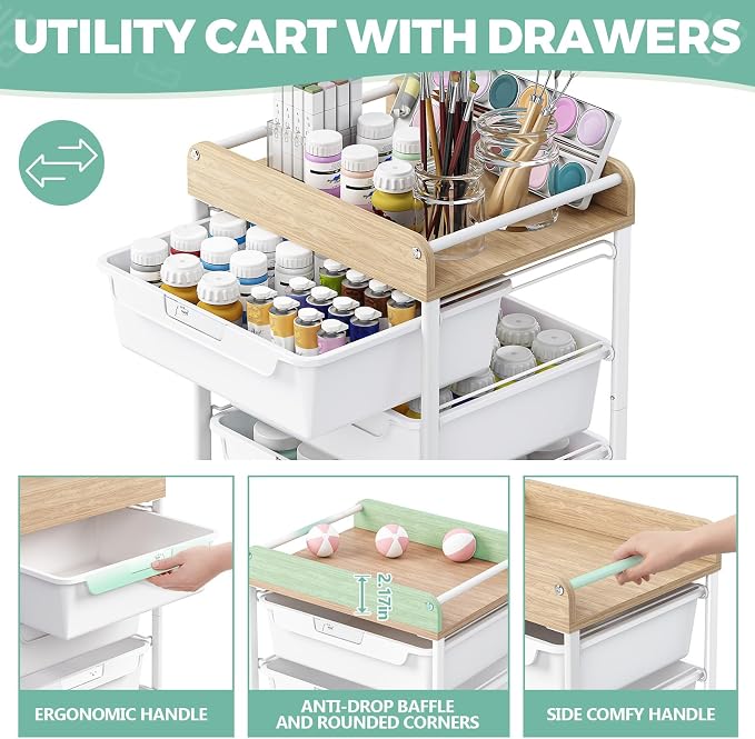 Utility Cart with Drawers, Craft Cart with 5 Drawers, Art Supply Organizer - Image 3