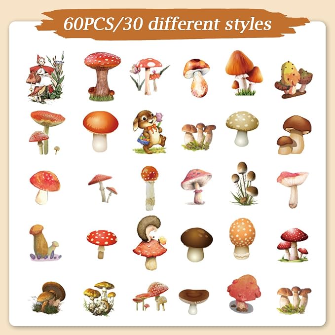 Imeepa 60Pcs Mushroom Stickers Transparent Scrapbooking Stickers | Waterproof - Image 3