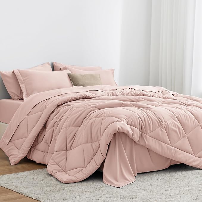 Love's cabin Queen Comforter Set Pink, 7 Pieces Queen Bed in a Bag, All Season by Lovescabin
