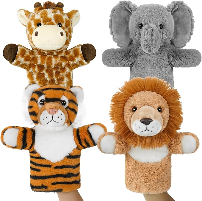 4 PCS 11 Inch Animal Hand Puppet Set Soft Realistic Wild Plush Puppets Toys by Okegztoa