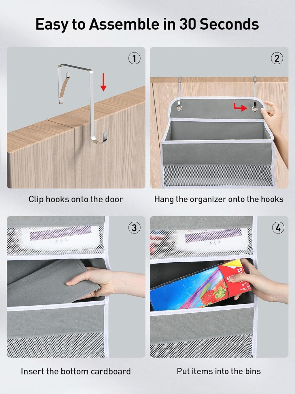 Yecaye 2 Pc Over The Door Organizer with 5 Bins 10 Side Pockets, 44lbs Load Hanging Bathroom and Bedroom Organizer, Behind The Door Hanging Organizers for Nursery Newborn Baby Essential Stuff Grey