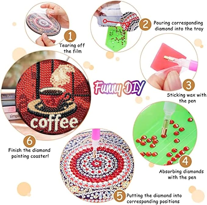 8 Pack Diamond Art Coasters, Coffee Retro Diamond Painting Coasters Kits | - Image 3