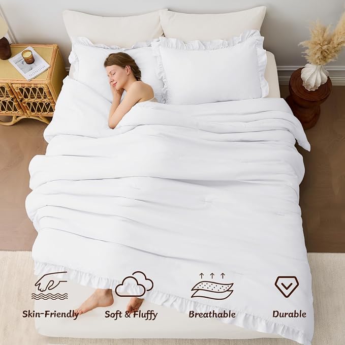 FUANNA King Size Comforter Set White, 3 Pieces Ruffle King Bedding Set - Image 4