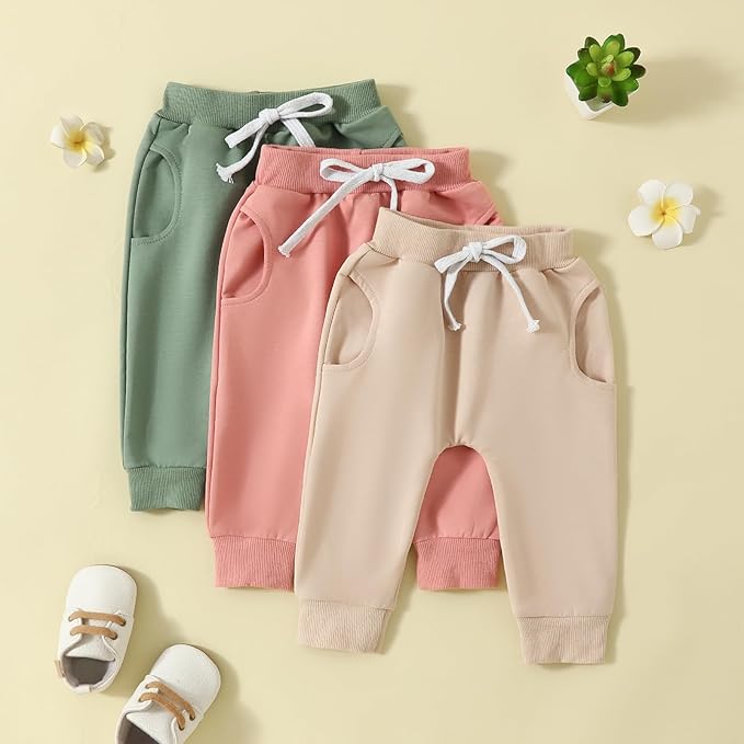 Sejardin Toddler Baby Boy Girl Pants 3 Pack Solid Color Elastic Waist Jogger Sweatpants Newborn Infant Casual Bottoms