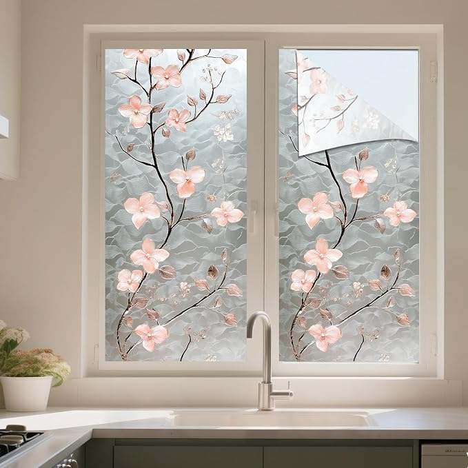 IVN Privacy Window Film Stained Glass Window Cling Pink Blossom Design - Image 5
