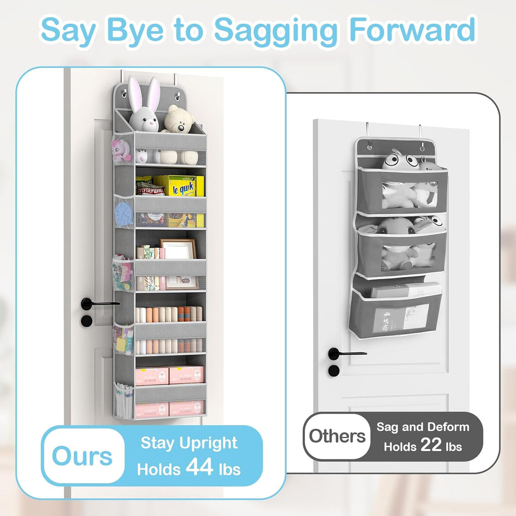 LAMU 5 Tier Over the Door Organizer Hanging, 5 Large Pockets and 10 Side Pockets Behind Door Storage for Baby Toys, 44lbs Back of Door Organizers Shelf for Closet, Nursery and Bathroom, 2 Pack (Grey)