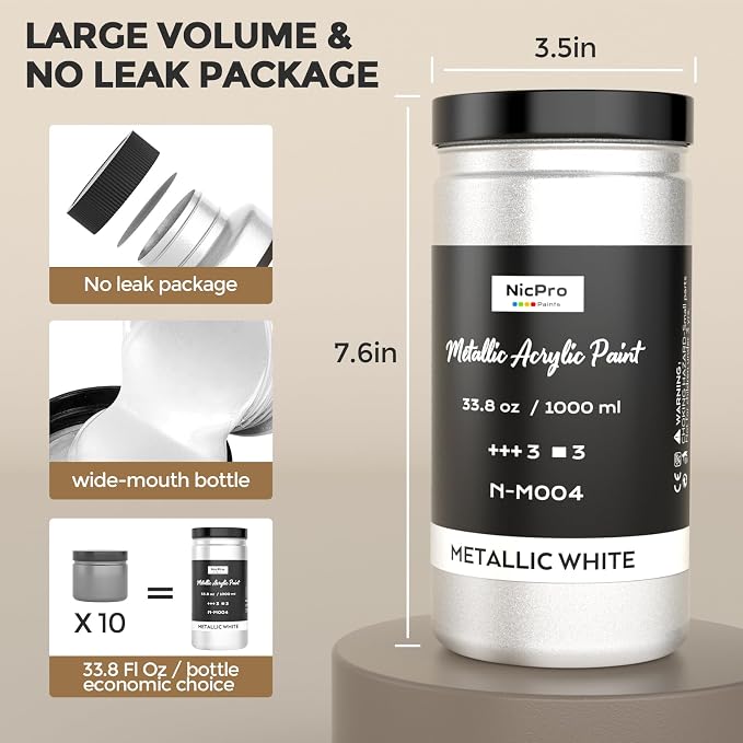 Nicpro Metallic Pearl White Acrylic Paint, 33.8oz/1000m Large Craft Paint | Non - Image 7