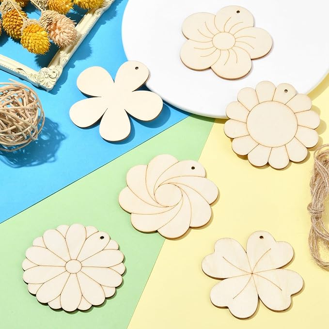 60 pcs 6 Styles Spring Flower Theme Undyed Wood Cutout Charms Sunflower Cherry - Image 6