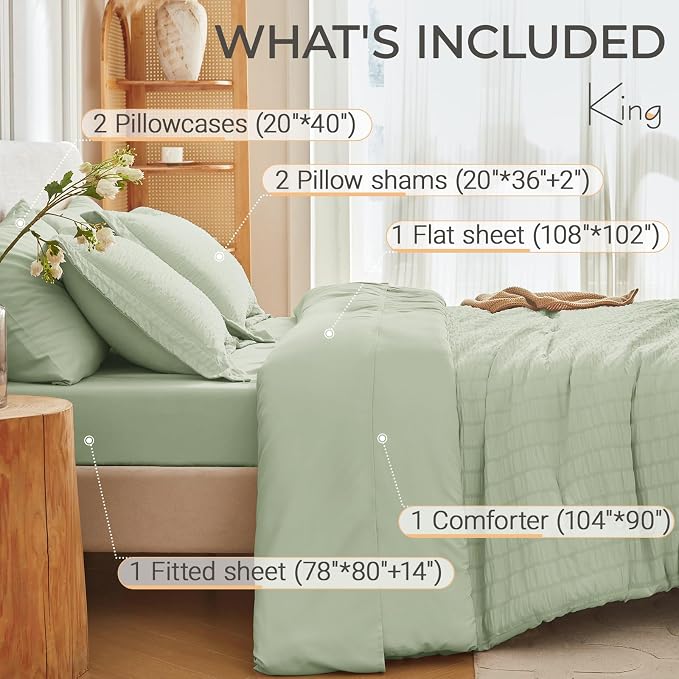 MUXHOMO 7 Pieces King Comforter Set, Seersucker Bed in a Bag King Size - Image 4