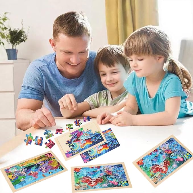 Wooden Puzzles for Kids Ages 4-6, 4 Packs 24 PCs Unicorn Mermaid Princess Fairy - Image 7
