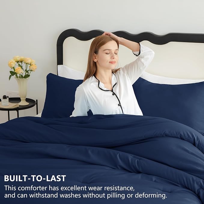 CozyLux Super King Plus Comforter Set Navy Blue, 3 Pieces 128x120 Solid - Image 3