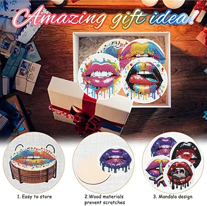 8 Pack Diamond Art Coasters, Sexy lips Diamond Painting Coasters Kits | Lips - Image 7
