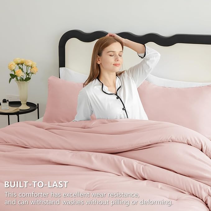 CozyLux Full Size Comforter Set Blush Pink, 3 Pieces Solid Breathable Quilted - Image 3