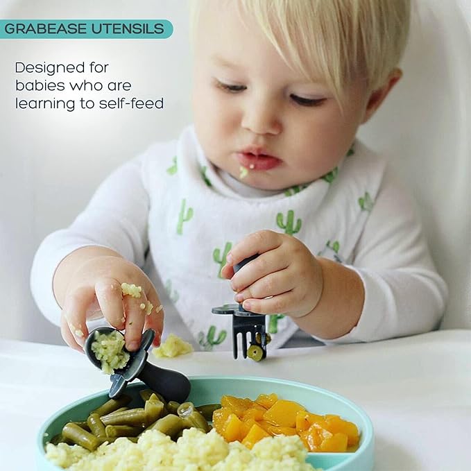 Grabease Baby Feeding Utensils Set - Infant and Baby Fork and Spoon for Ages 1-11 Months, BPAs and Phthalate-Free Cutlery, Plastic, 1 Set, Green