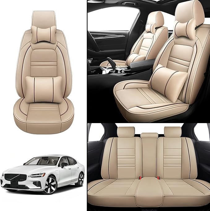Car Seat Covers for Volvo Car s60 2001-2025 | 5-Seats Seat Covers, Waterproof Seat Protectors, Automotive Seat Covers (Full Set with Pillow,Beige)