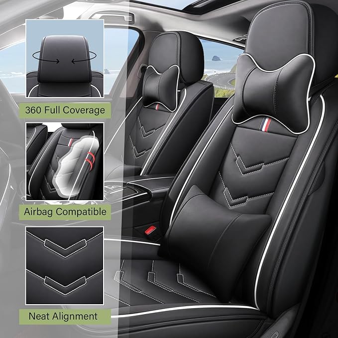 Leather Car Seat Covers Fit for LR Defender 2020-2025, 5 Seater Waterproof and Wear-Resistant Seat Cover Interior Accessories(Full Set with Pillow,Black&White)