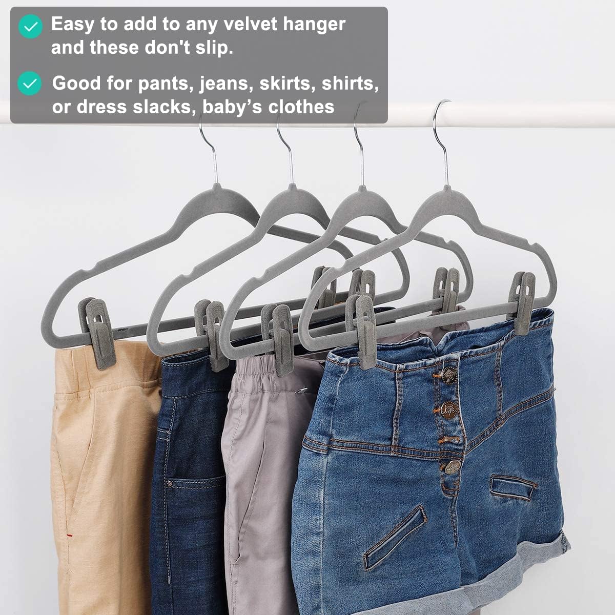 Grey Velvet Hangers Clips (50-Pack), Non-Slip Velvet Skirt Hanger Clips for Velvet Hangers, Strong Finger Clips Perfect for Kids Velvet Hangers Skirt Pant Clothes Gray Velvet Hangers