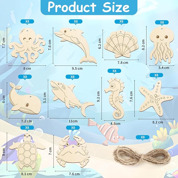 80PCS Wooden Sea Ornaments to Paint, 10 Styles DIY Blank Unfinished Wood Ocean - Image 7