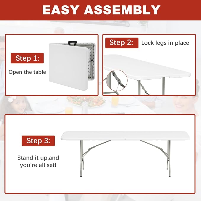 Elevon Folding Table Set of 2, 8 Feet Heavy Duty Fold-in-Half Utility Table - Image 4
