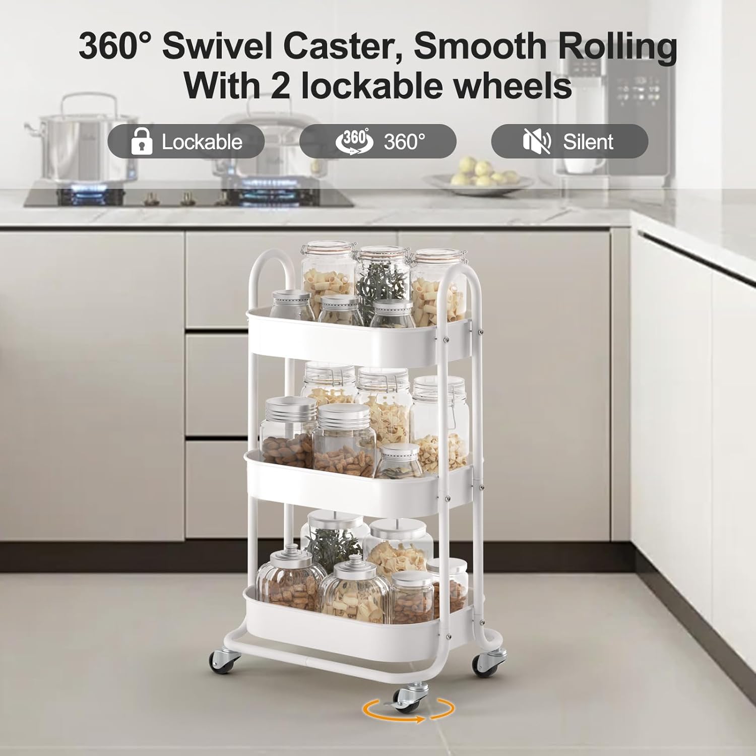 EAGMAK 3 Tier Rolling Cart, Round Metal Utility Cart with Lockable Wheels, Storage Cart Organizer Trolley with Mesh Shelves for Living Room, Kitchen, Bedroom, Office(White)