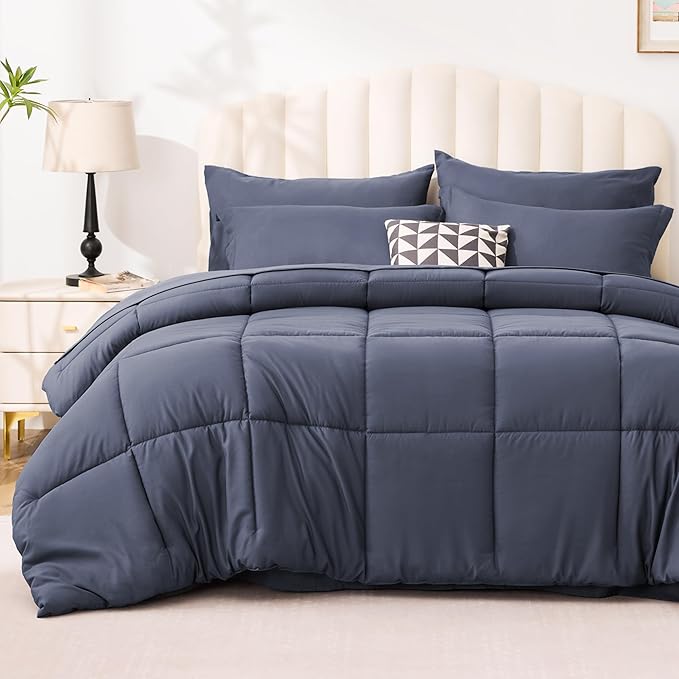 Love's cabin Queen Comforter Set Indigo Blue, 7 Pieces Queen Bed in a Bag by Lovescabin