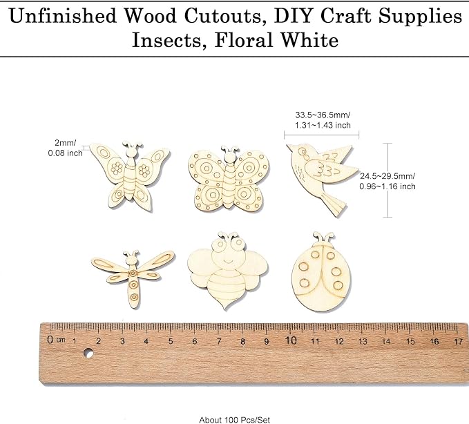 LiQunSweet 200 Pcs Insects Unfinished Wood Cutout Butterfly Bee Ladybug - Image 2