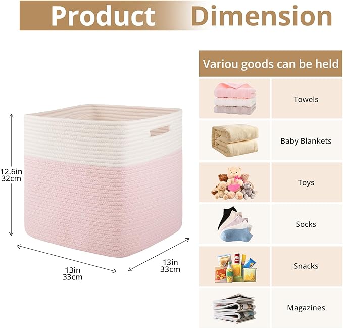 OIAHOMY 13 Kallax Inch Cube Storage Bins, 3-Pack Cotton Rope Woven Baskets for Organizing, Kallax Insert Storage Baskets for Shelves, Baby Nursery, Closet Organizer, 13*13*12.6IN, Pink & White