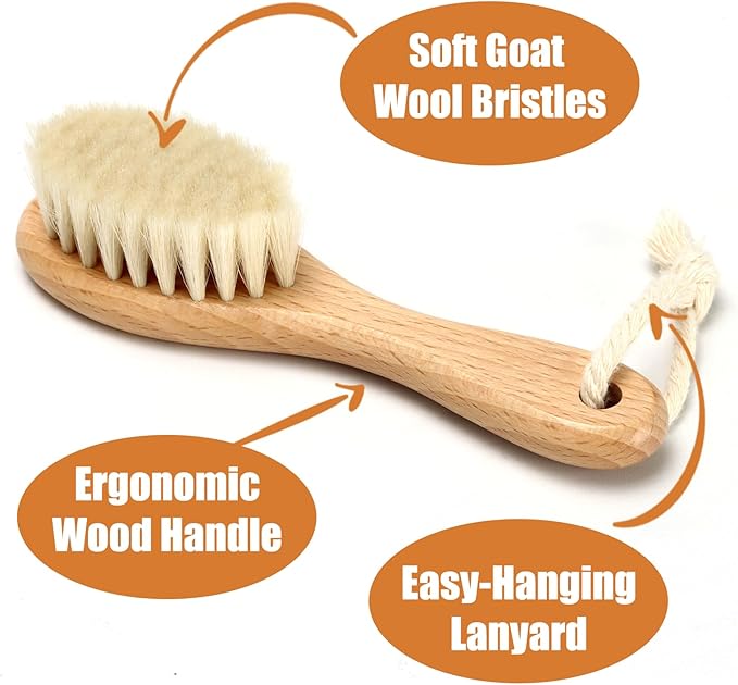 Wooden Baby Hair Brush and Comb Set, 3Pcs Natural Soft Goat Bristles Brush Cradle Cap Comb Baby Shower Scrubber Perfect Scalp Grooming Product for Newborns, Toddlers, Infant (Green)