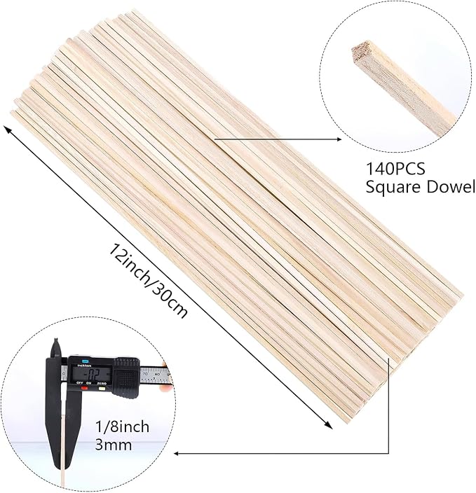 140 Pcs Balsa Wood Sticks, 1/8 X 1/8 X 12 in Square Dowel Rods | Smooth - Image 2